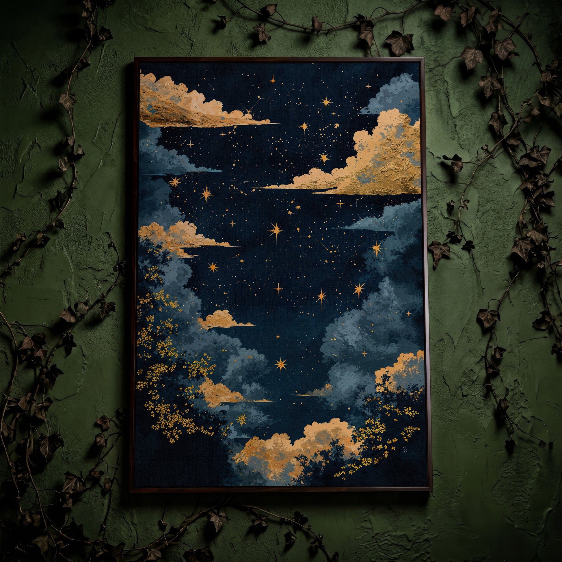 Starry Night Sky with Gold Clouds Canvas Wall Art in dark walnut floating frame