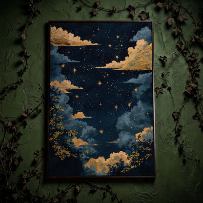 Starry Night Sky with Gold Clouds Canvas Wall Art in dark walnut floating frame