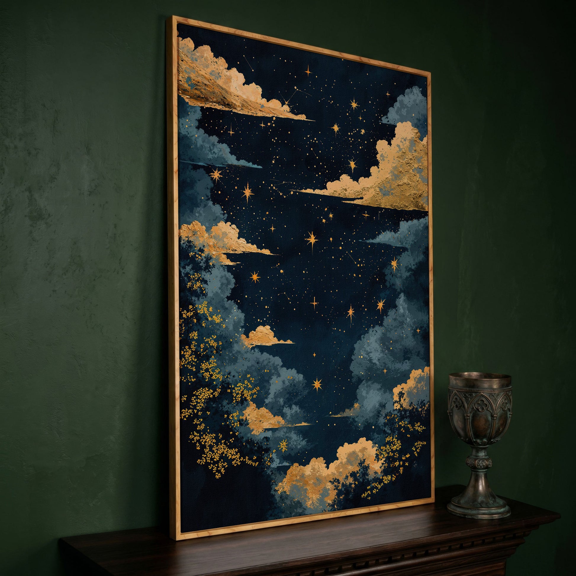 Starry Night Sky with Gold Clouds Canvas Wall Art in white oak floating frame