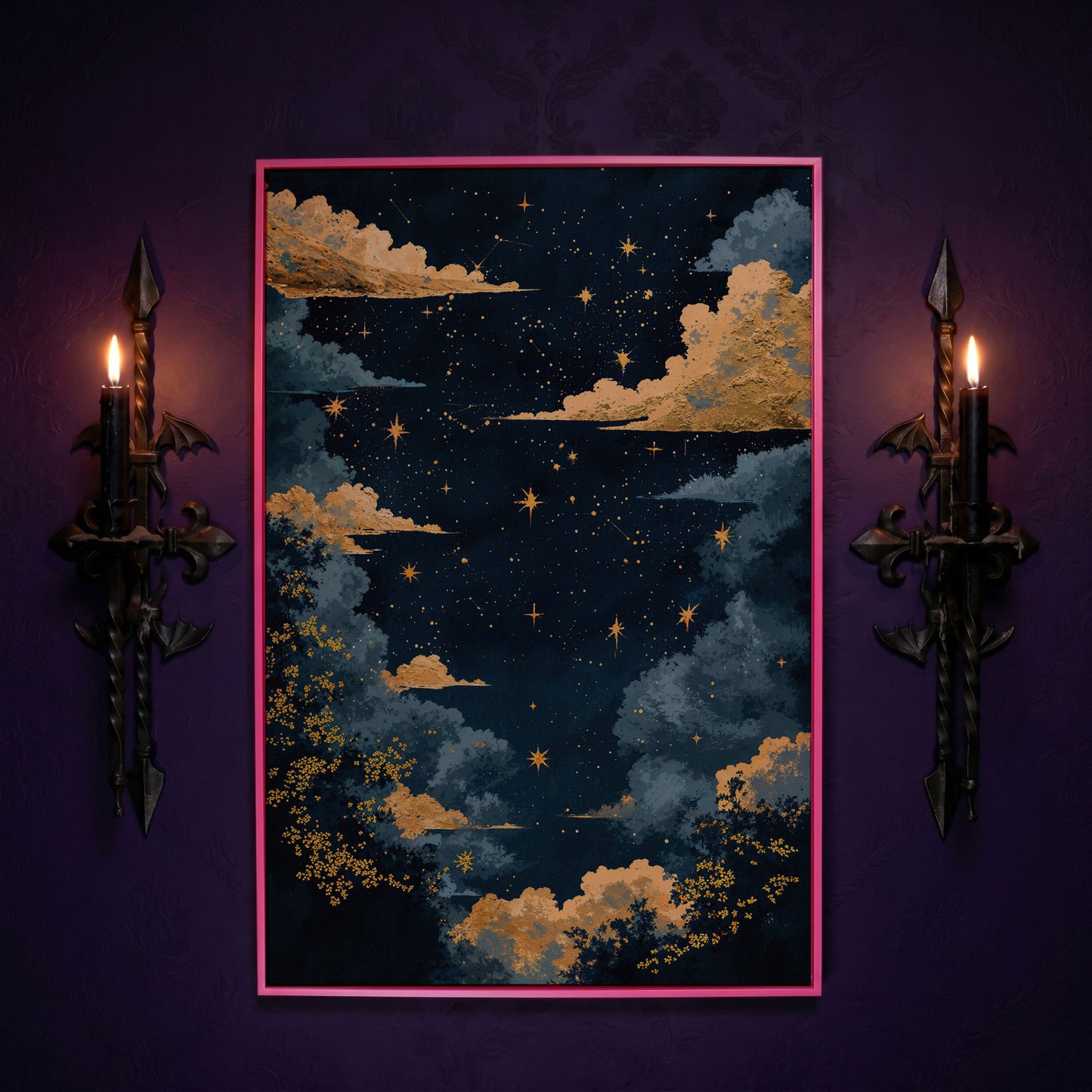 Starry Night Sky with Gold Clouds Canvas Wall Art in pink floating frame
