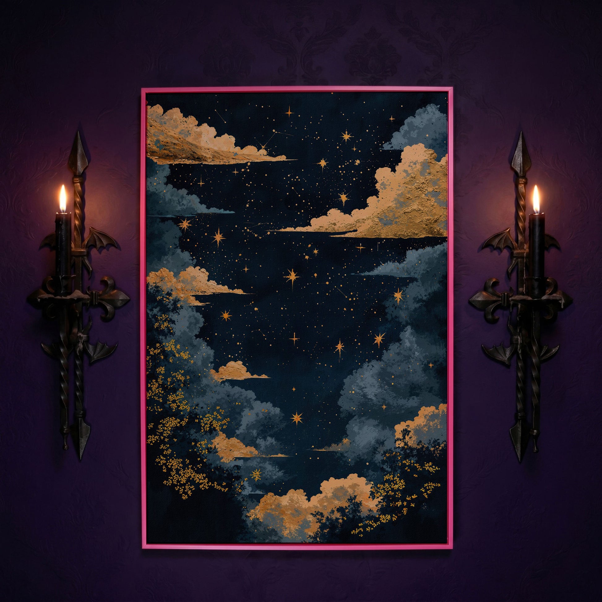 Starry Night Sky with Gold Clouds Canvas Wall Art in pink floating frame