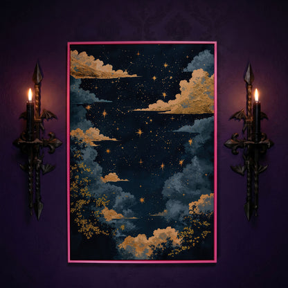 Starry Night Sky with Gold Clouds Canvas Wall Art in pink floating frame