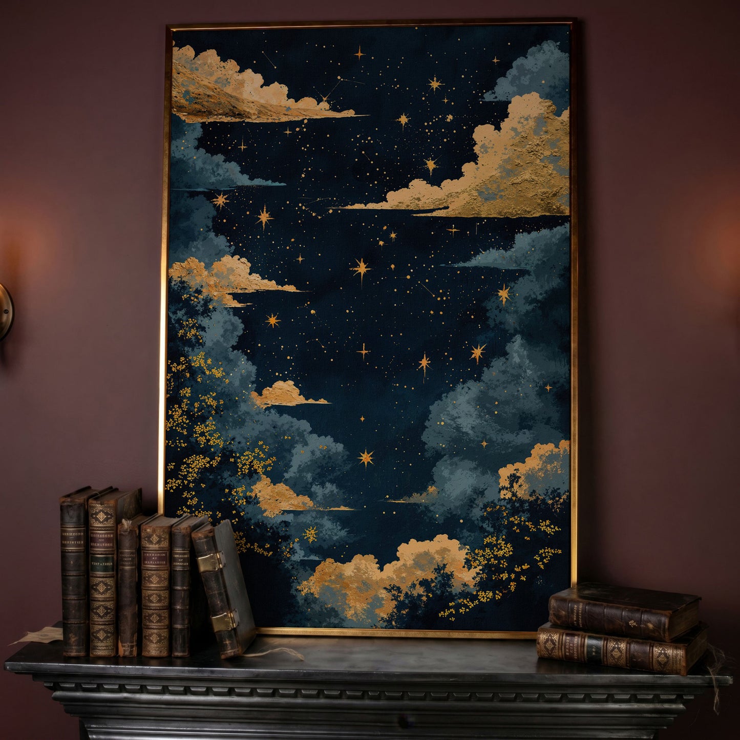 Starry Night Sky with Gold Clouds Canvas Wall Art in rose gold floating frame