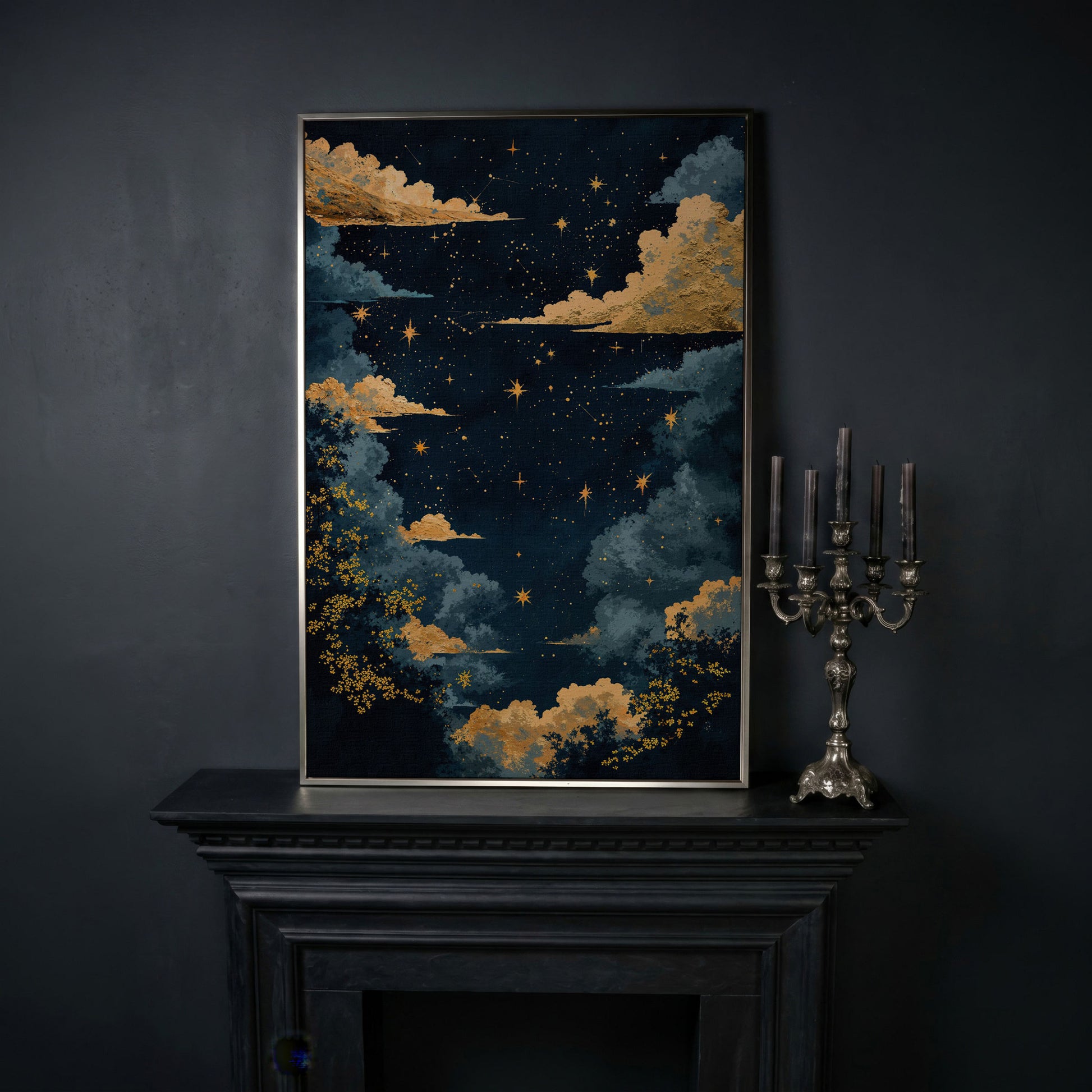 Starry Night Sky with Gold Clouds Canvas Wall Art in silver floating frame