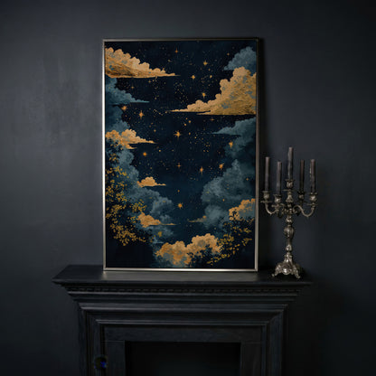Starry Night Sky with Gold Clouds Canvas Wall Art in silver floating frame