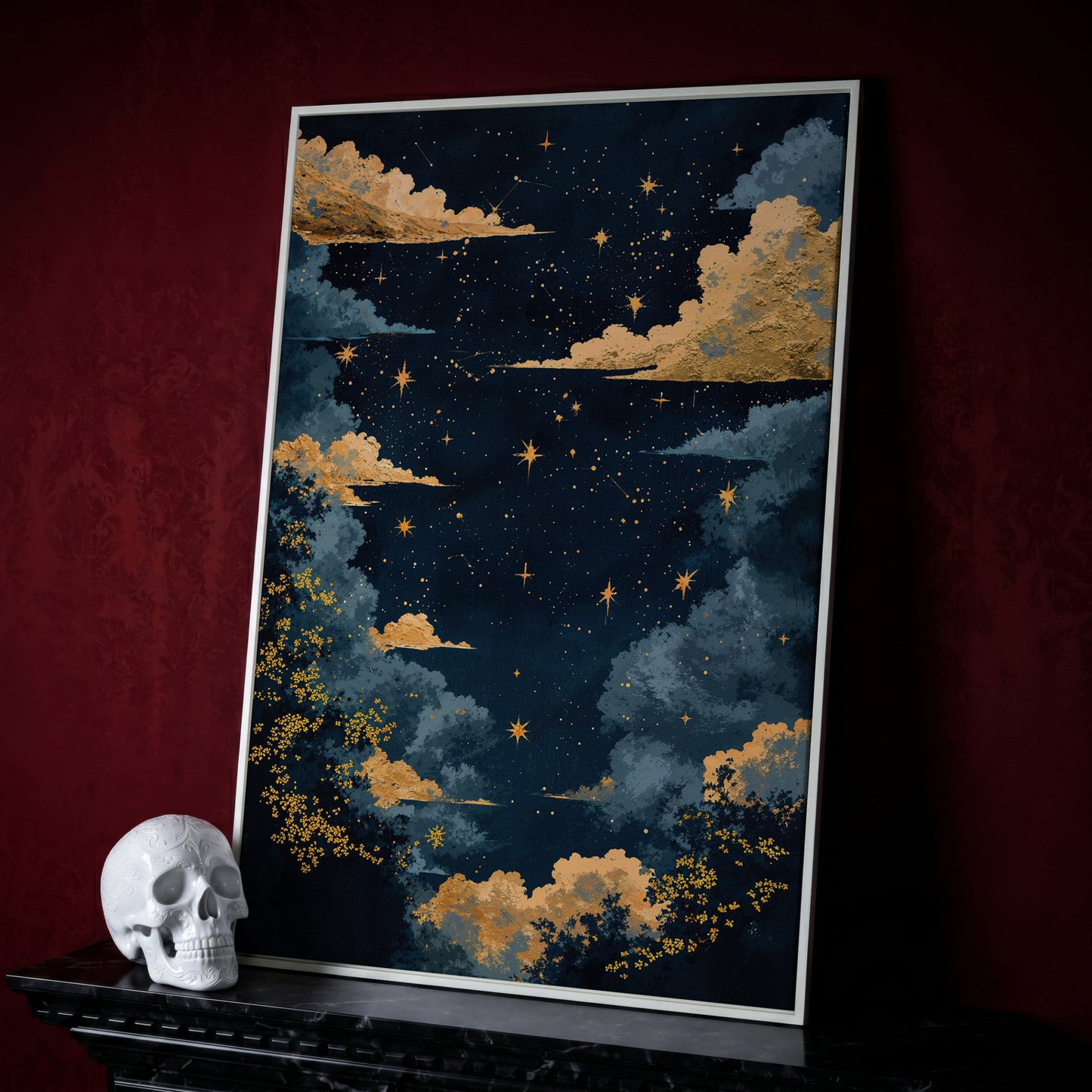 Starry Night Sky with Gold Clouds Canvas Wall Art in white floating frame