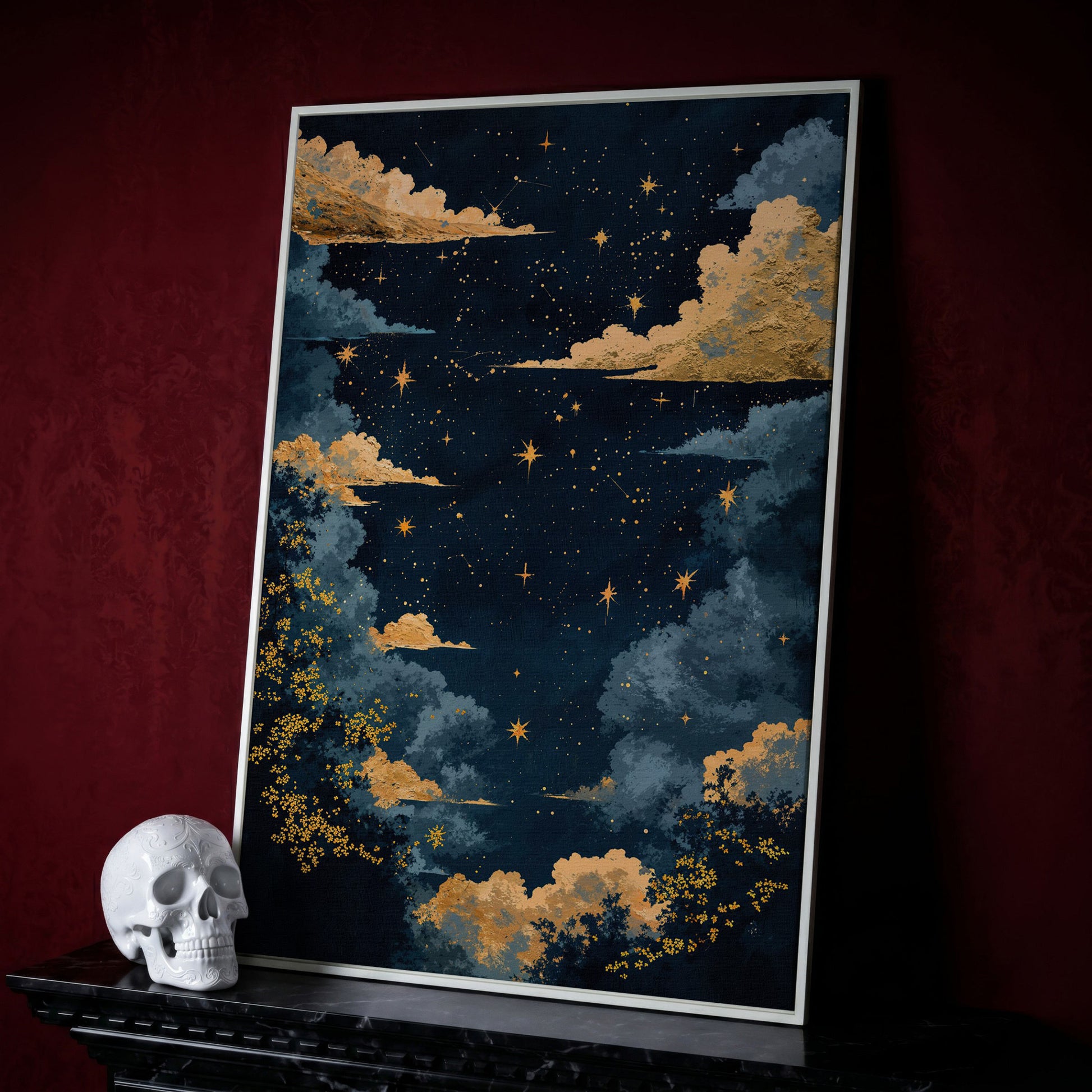 Starry Night Sky with Gold Clouds Canvas Wall Art in white floating frame