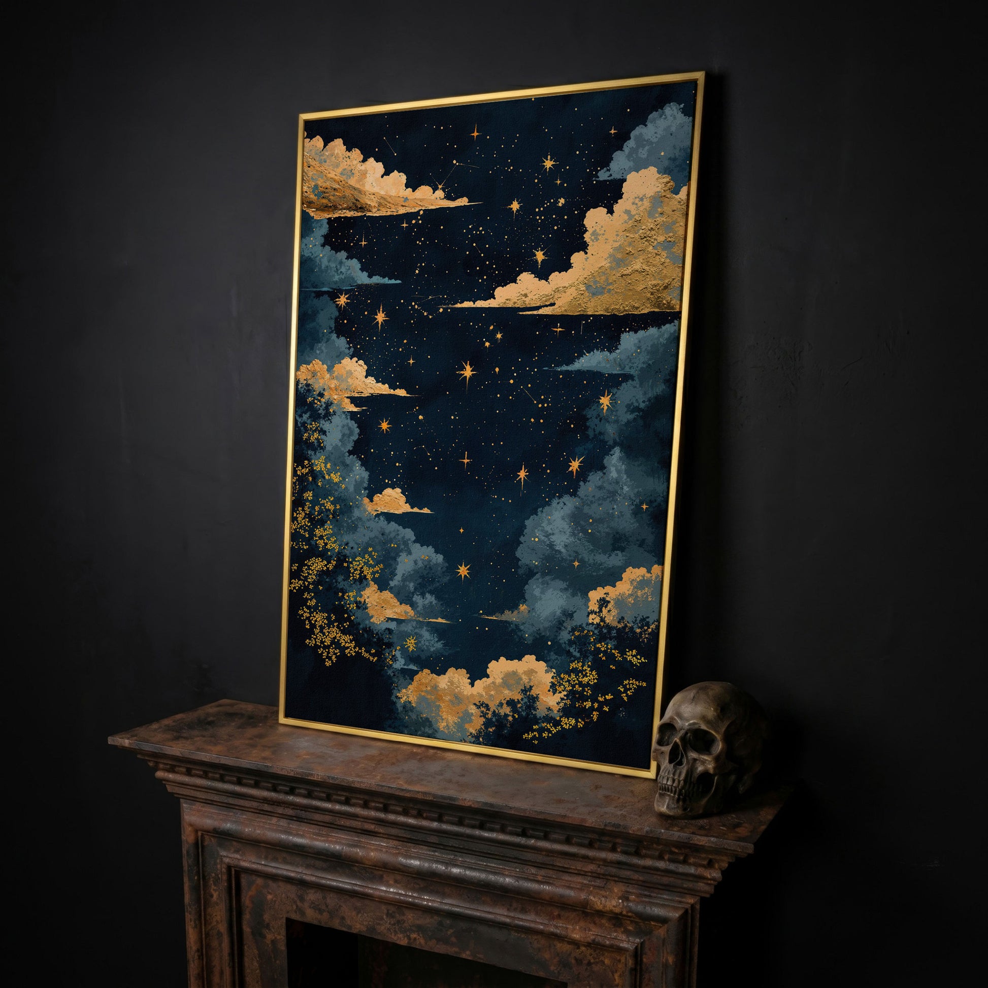 Starry Night Sky with Gold Clouds Canvas Wall Art in yellow gold floating frame