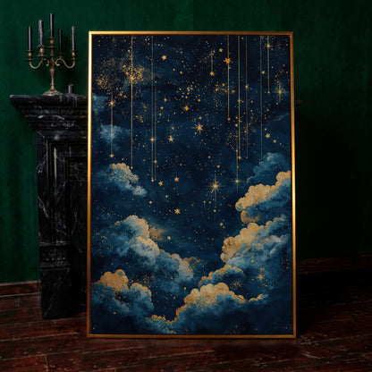 Starry Night Sky Canvas Print in Midnight Blue & Gold in antique gold floating frame