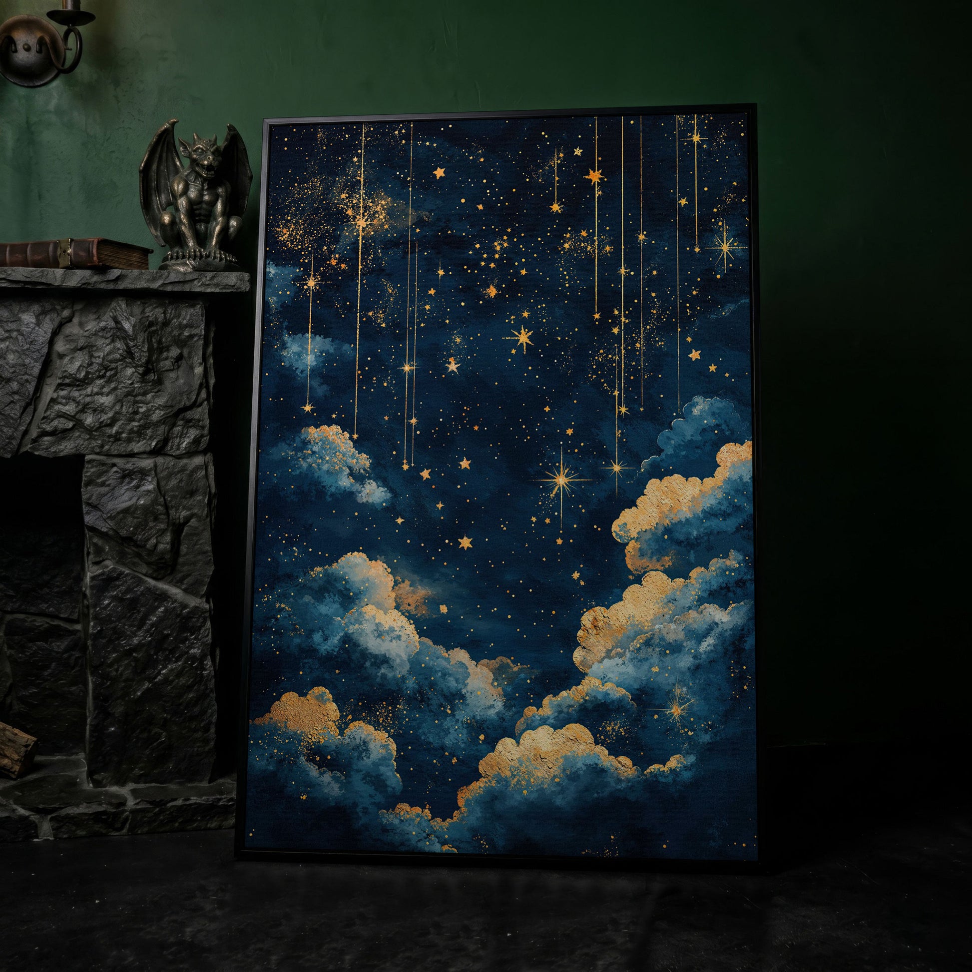 Starry Night Sky Canvas Print in Midnight Blue & Gold in black floating frame