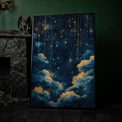 Starry Night Sky Canvas Print in Midnight Blue & Gold in black floating frame