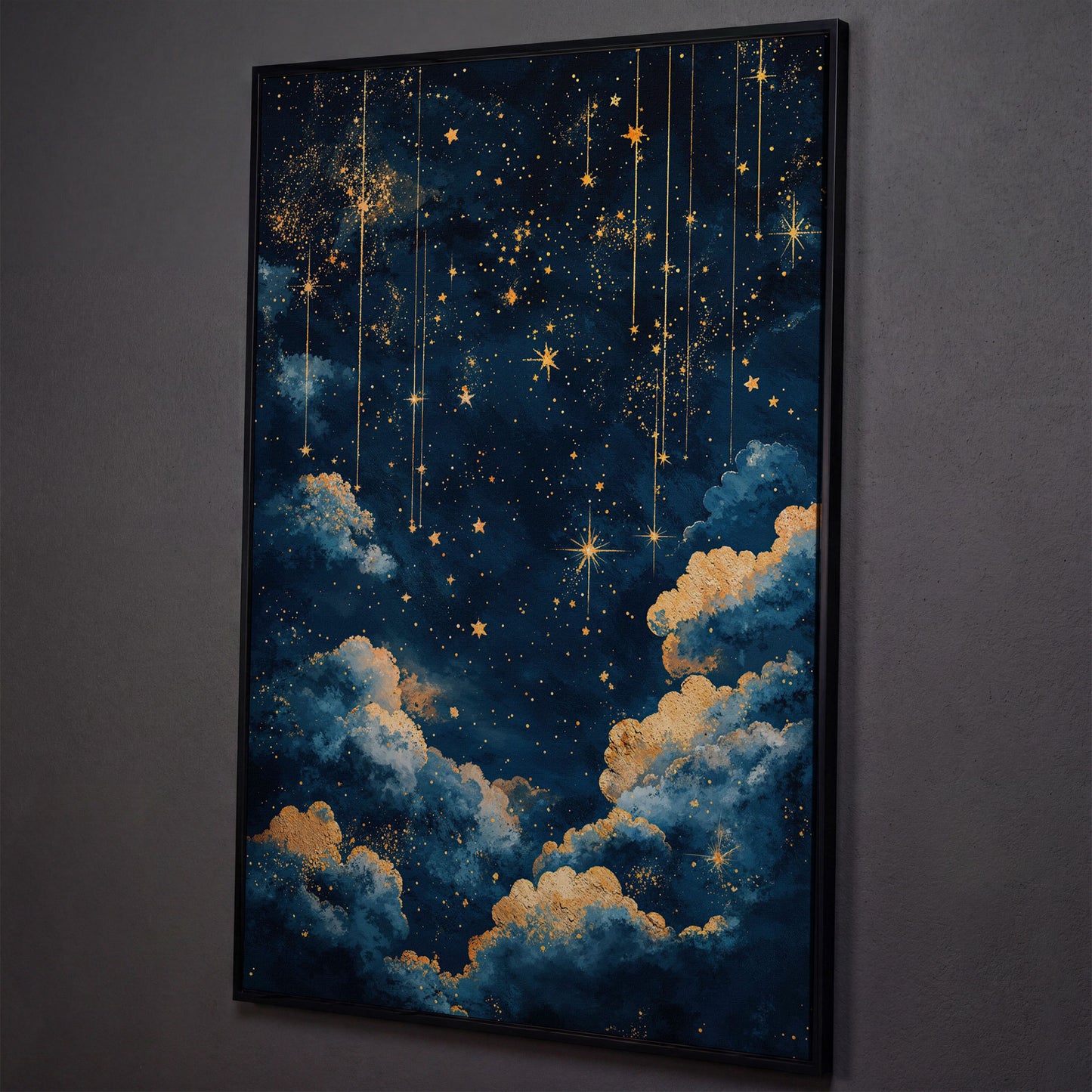 Starry Night Sky Canvas Print in Midnight Blue & Gold shown in black floating frame