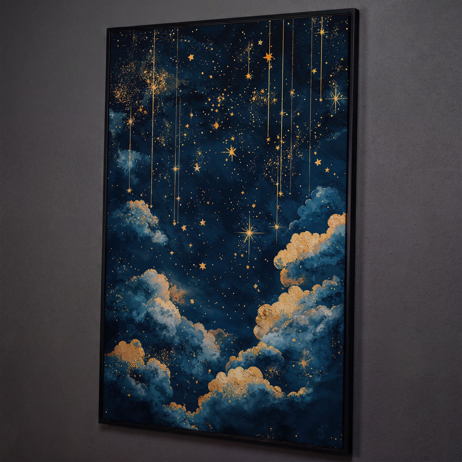 Starry Night Sky Canvas Print in Midnight Blue & Gold shown in black floating frame
