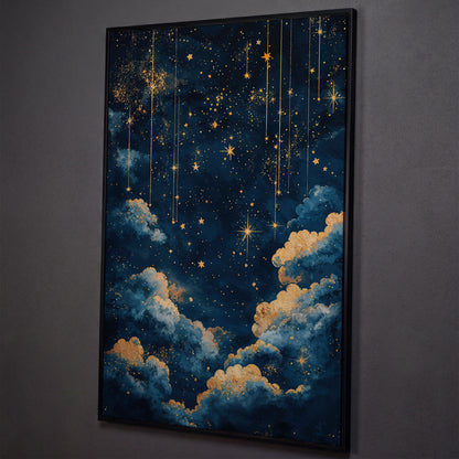 Starry Night Sky Canvas Print in Midnight Blue & Gold shown in black floating frame