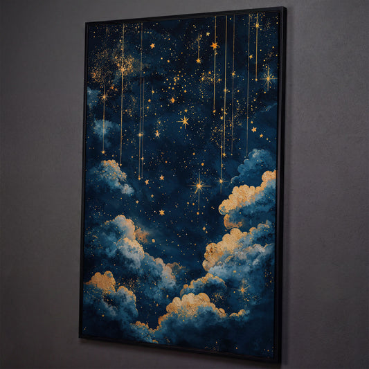 Starry Night Sky Canvas Print in Midnight Blue & Gold shown in black floating frame