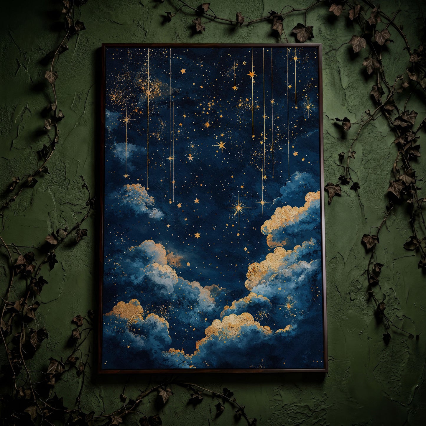 Starry Night Sky Canvas Print in Midnight Blue & Gold in dark walnut floating frame