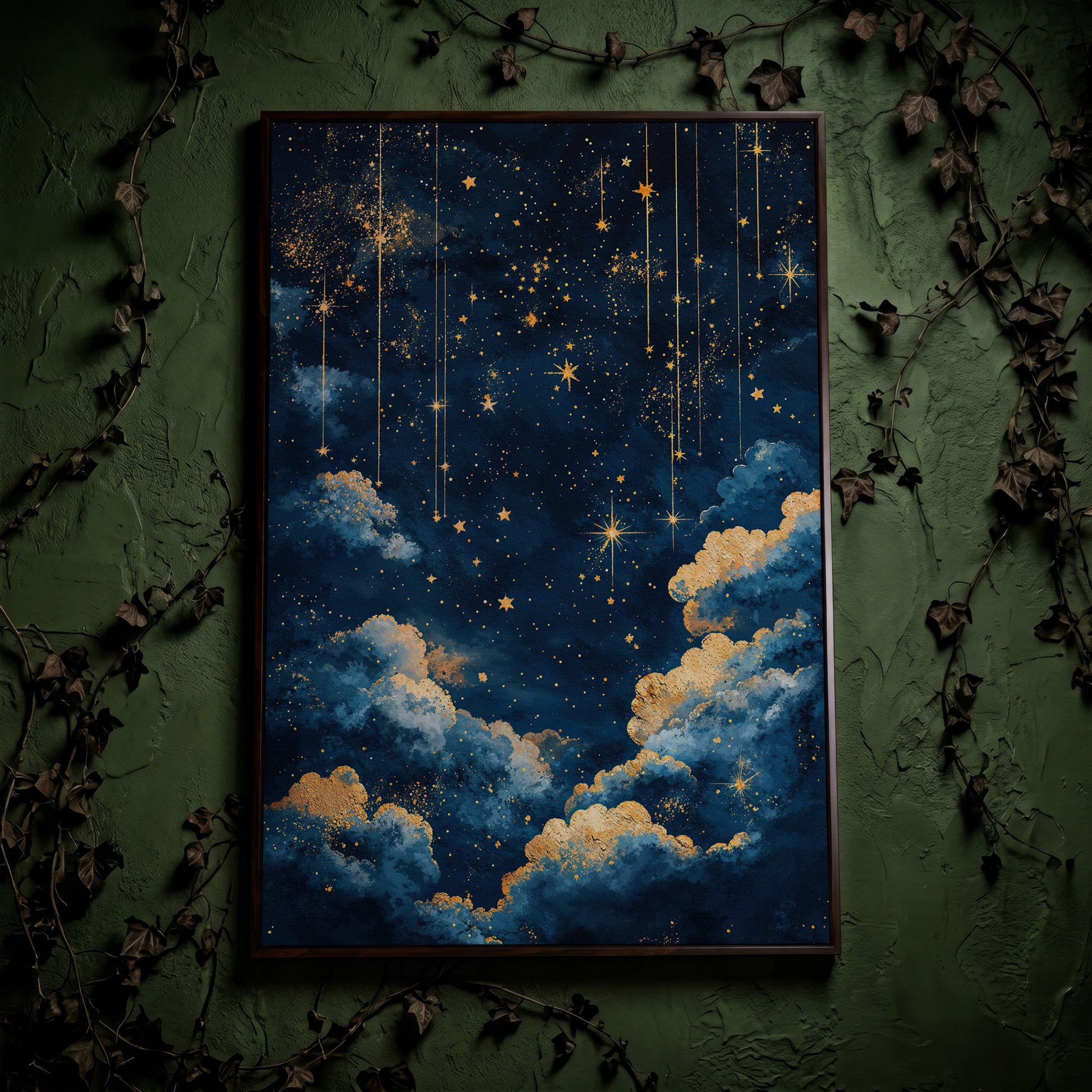 Starry Night Sky Canvas Print in Midnight Blue & Gold in dark walnut floating frame