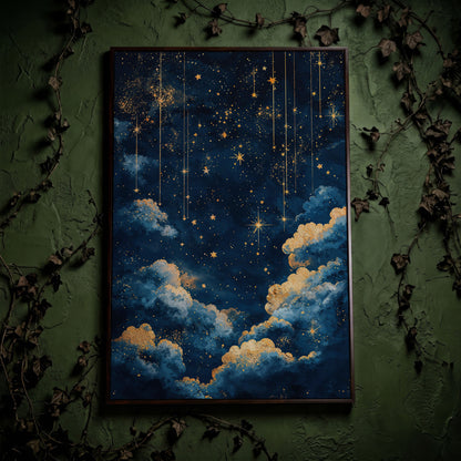 Starry Night Sky Canvas Print in Midnight Blue & Gold in dark walnut floating frame