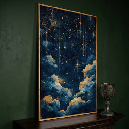 Starry Night Sky Canvas Print in Midnight Blue & Gold in white oak floating frame