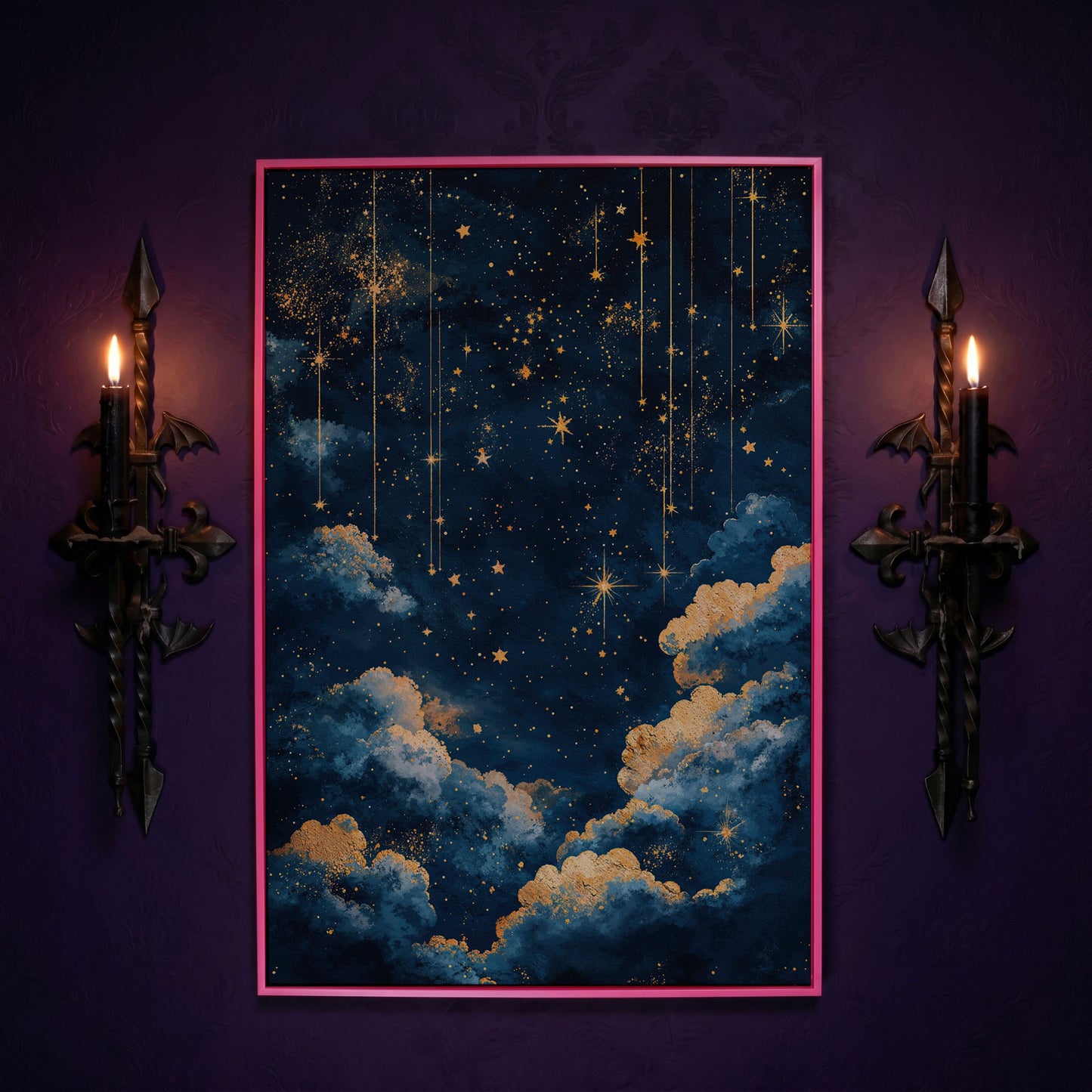 Starry Night Sky Canvas Print in Midnight Blue & Gold in pink floating frame