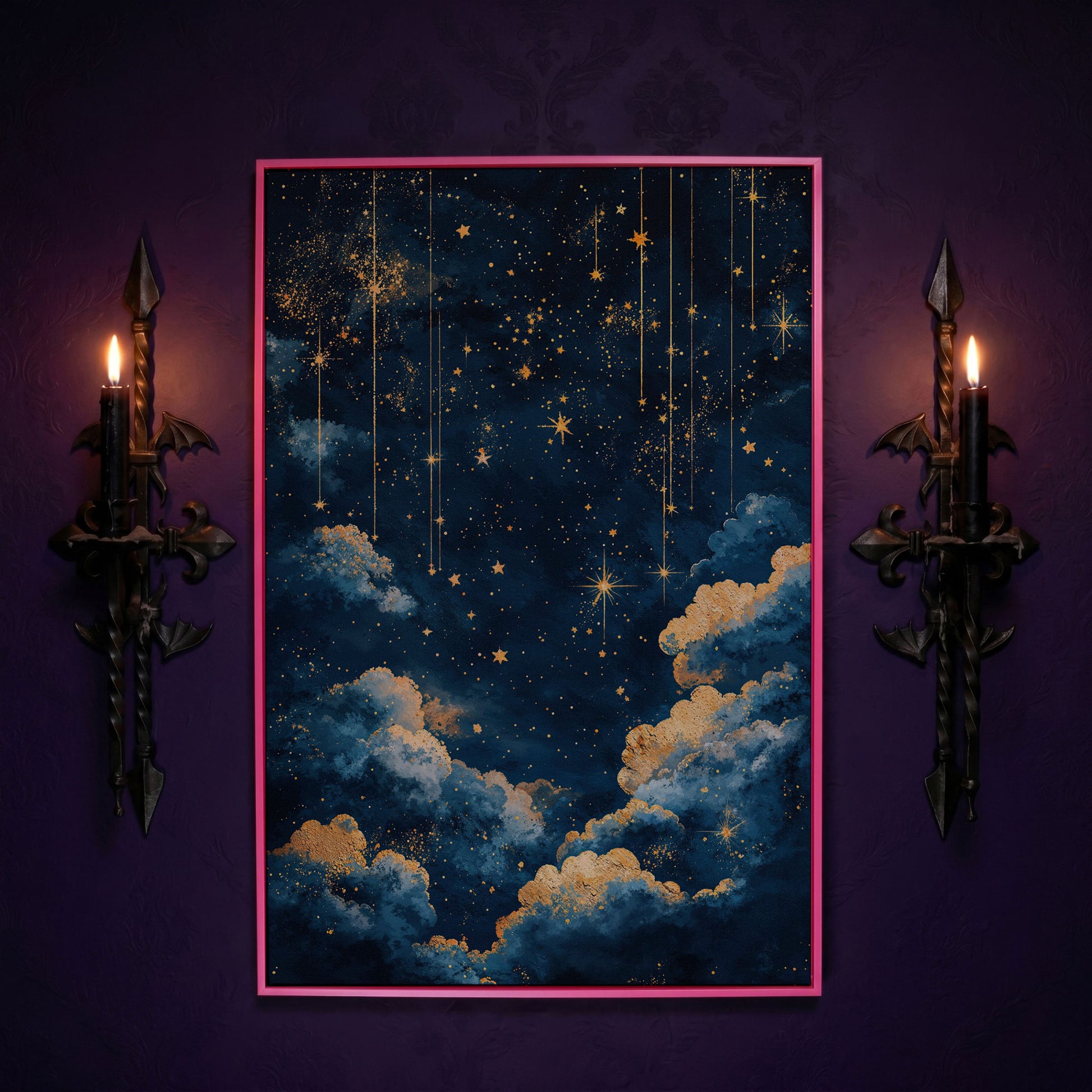 Starry Night Sky Canvas Print in Midnight Blue & Gold in pink floating frame