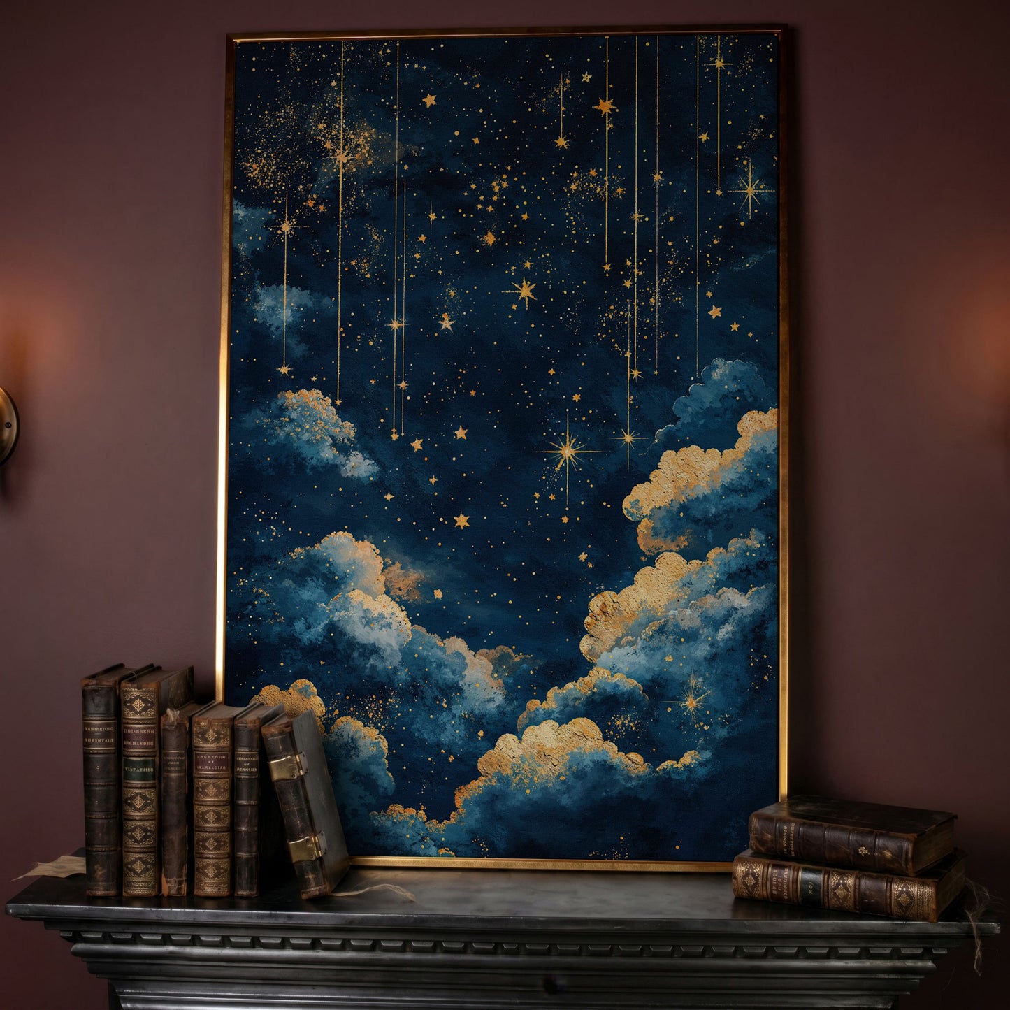 Starry Night Sky Canvas Print in Midnight Blue & Gold in rose gold floating frame