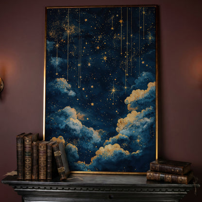 Starry Night Sky Canvas Print in Midnight Blue & Gold in rose gold floating frame