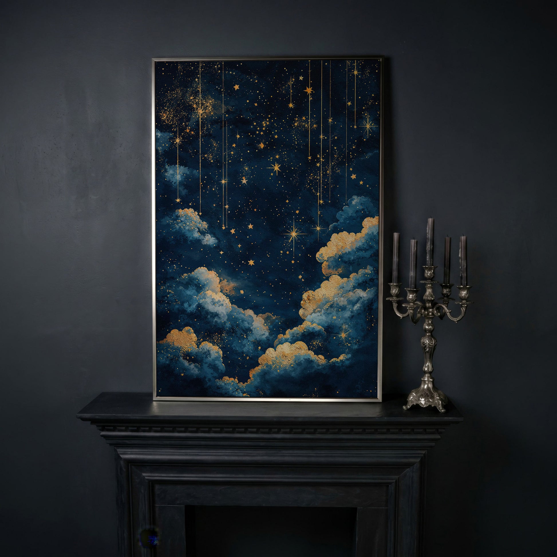 Starry Night Sky Canvas Print in Midnight Blue & Gold in silver floating frame
