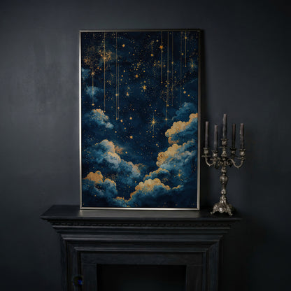 Starry Night Sky Canvas Print in Midnight Blue & Gold in silver floating frame
