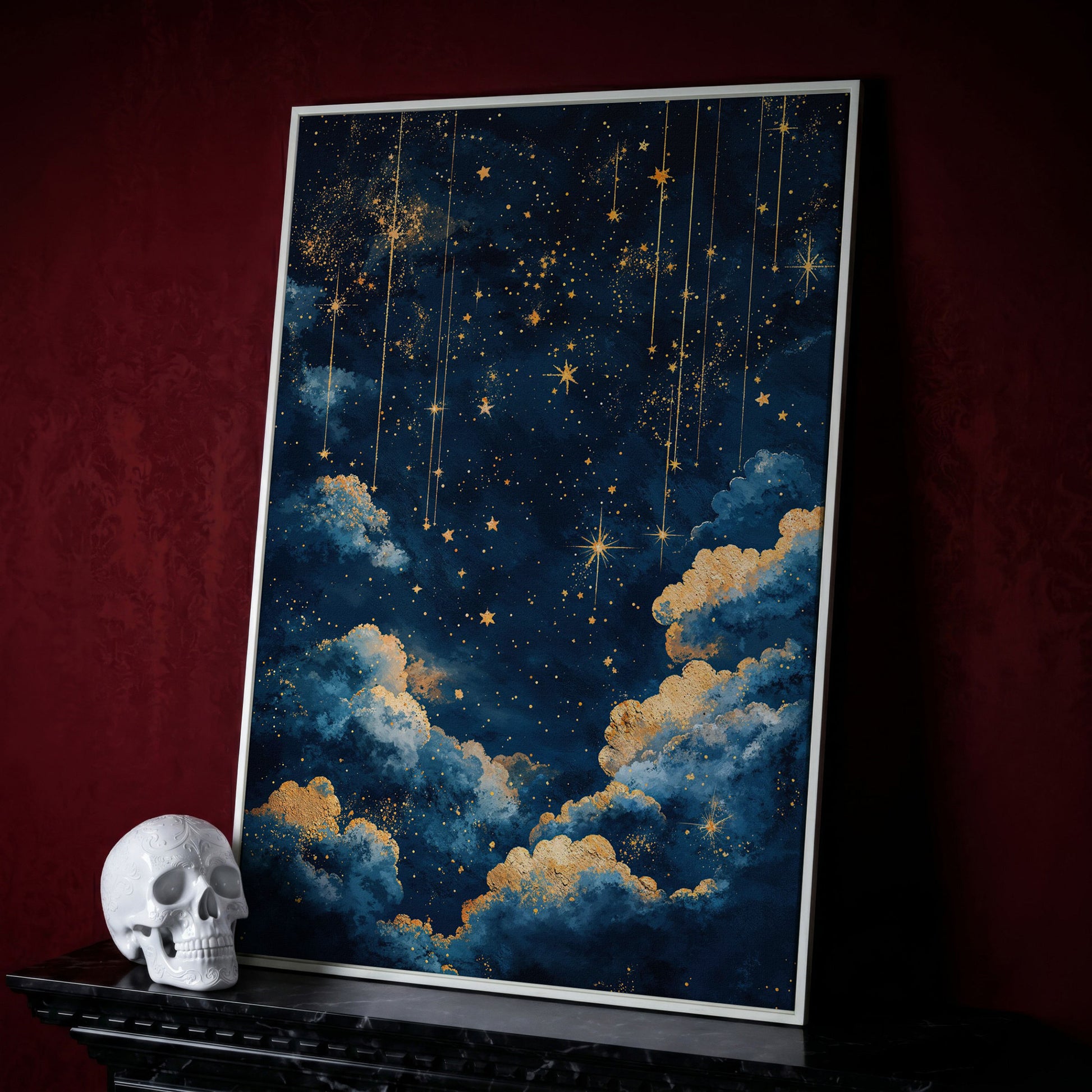 Starry Night Sky Canvas Print in Midnight Blue & Gold in white floating frame