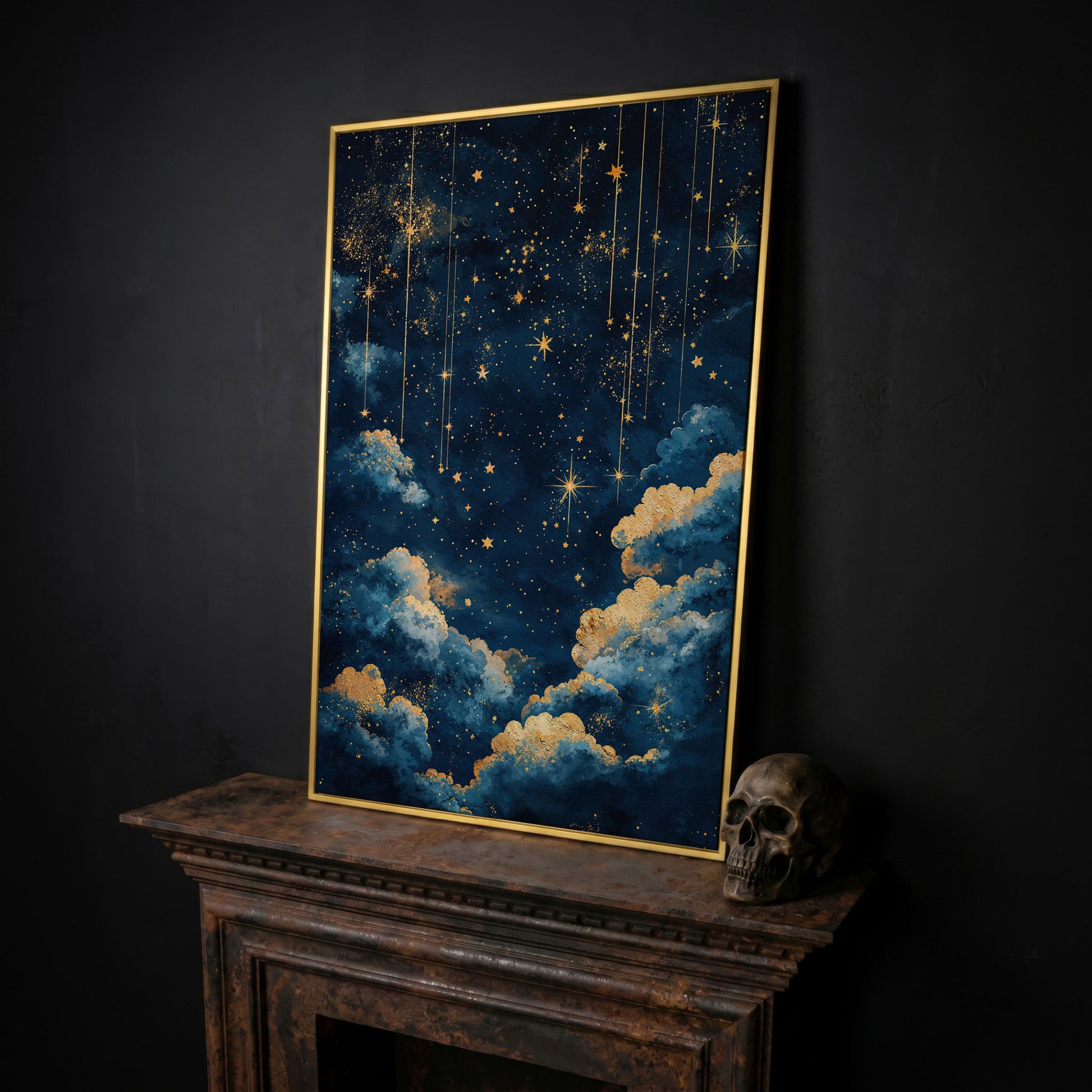 Starry Night Sky Canvas Print in Midnight Blue & Gold in yellow gold floating frame