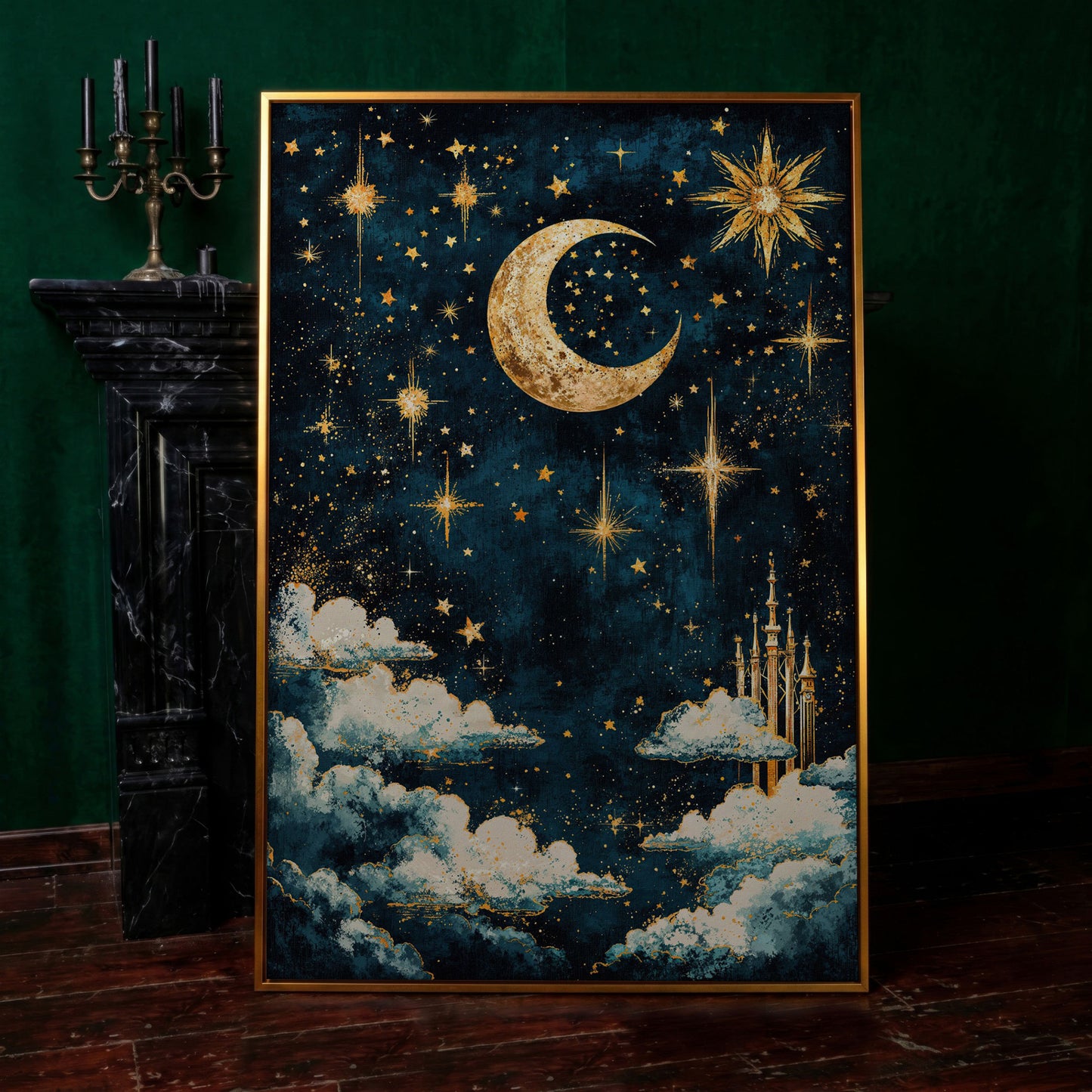 Celestial Dreams Starry Night Canvas Print in antique gold floating frame