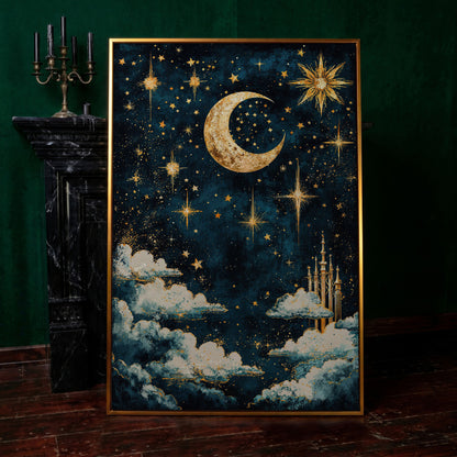 Celestial Dreams Starry Night Canvas Print in antique gold floating frame