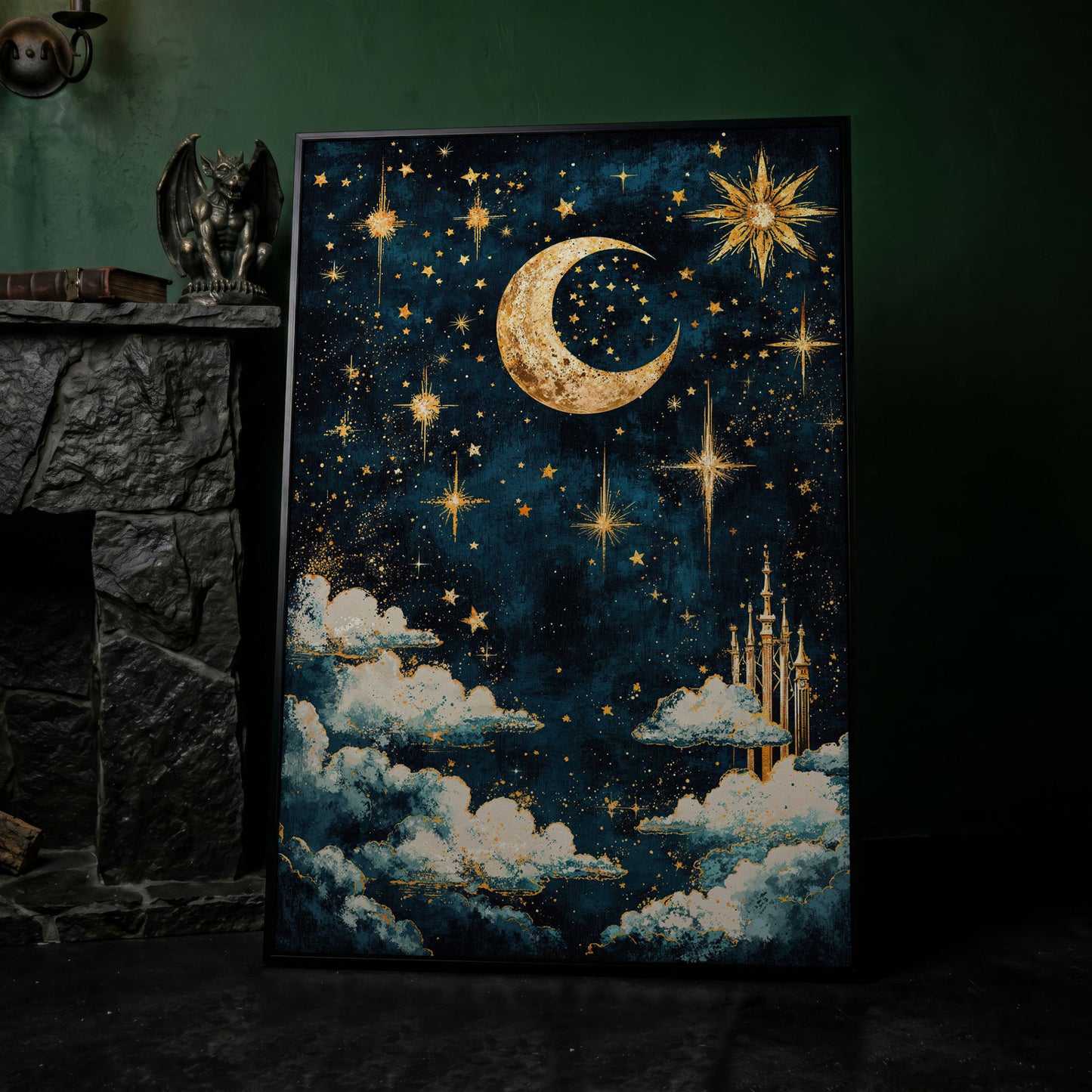 Celestial Dreams Starry Night Canvas Print in black floating frame