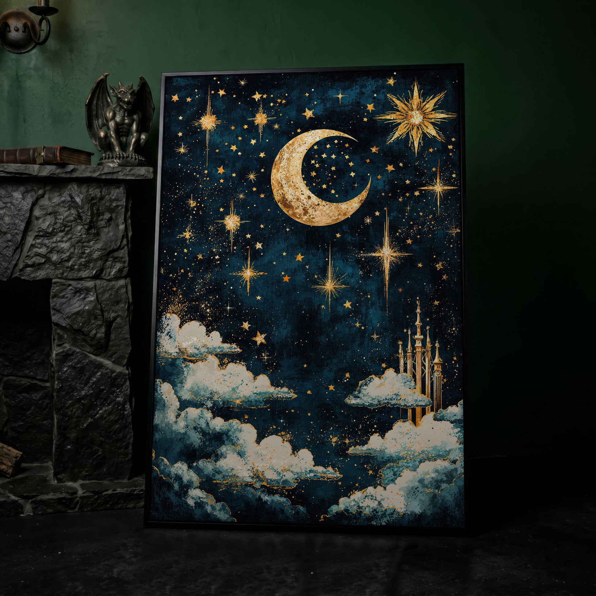 Celestial Dreams Starry Night Canvas Print in black floating frame
