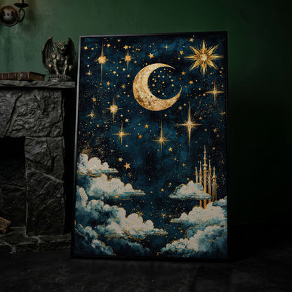 Celestial Dreams Starry Night Canvas Print in black floating frame