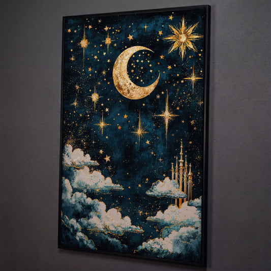 Celestial Dreams Starry Night Canvas Print shown in black floating frame