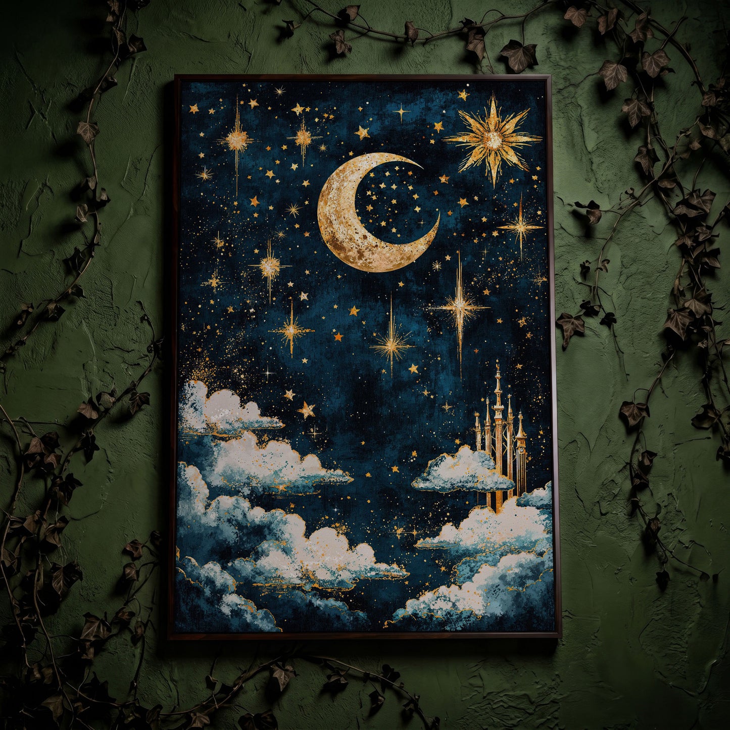 Celestial Dreams Starry Night Canvas Print in dark walnut floating frame