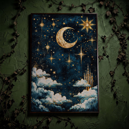 Celestial Dreams Starry Night Canvas Print in dark walnut floating frame