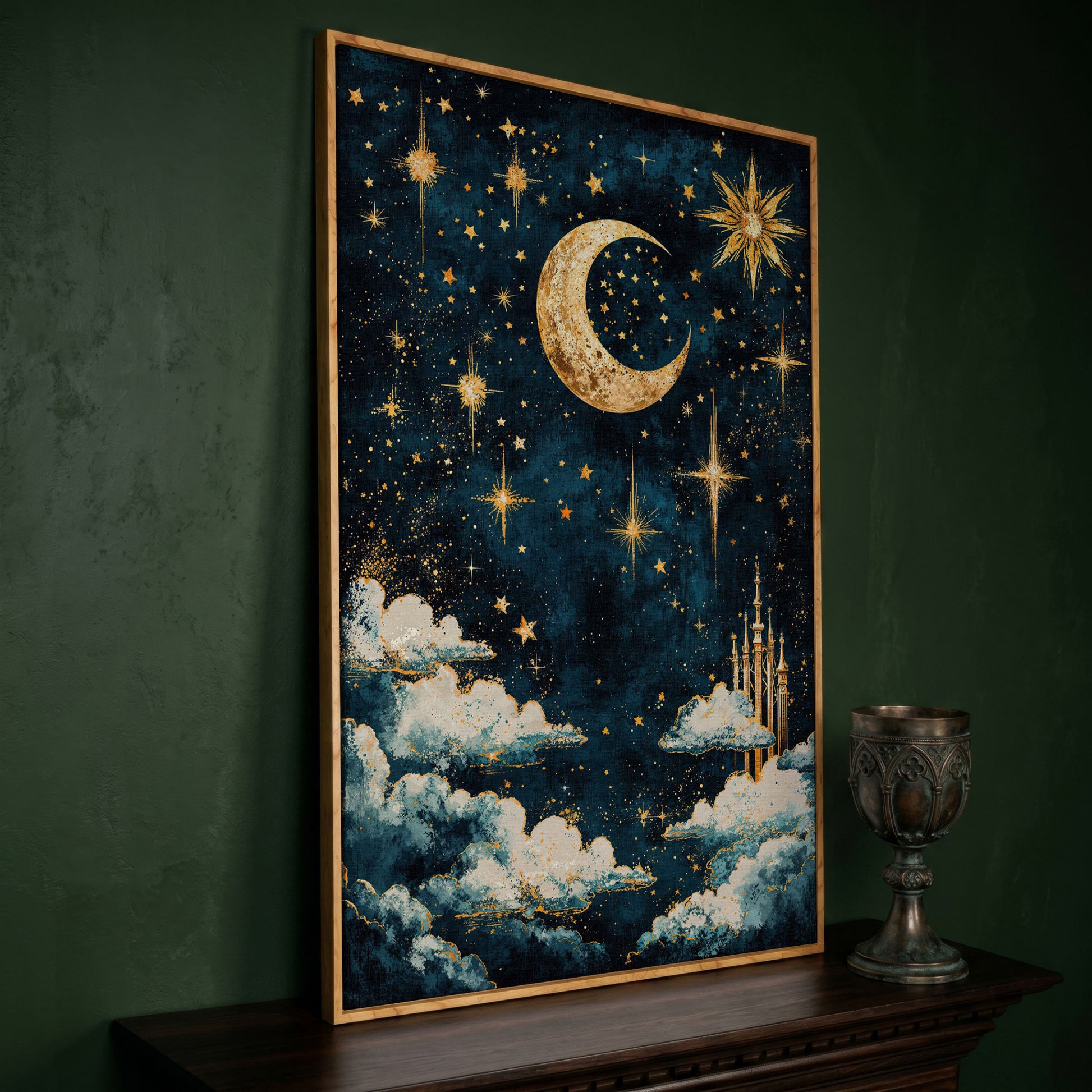 Celestial Dreams Starry Night Canvas Print in white oak floating frame