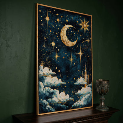 Celestial Dreams Starry Night Canvas Print in white oak floating frame