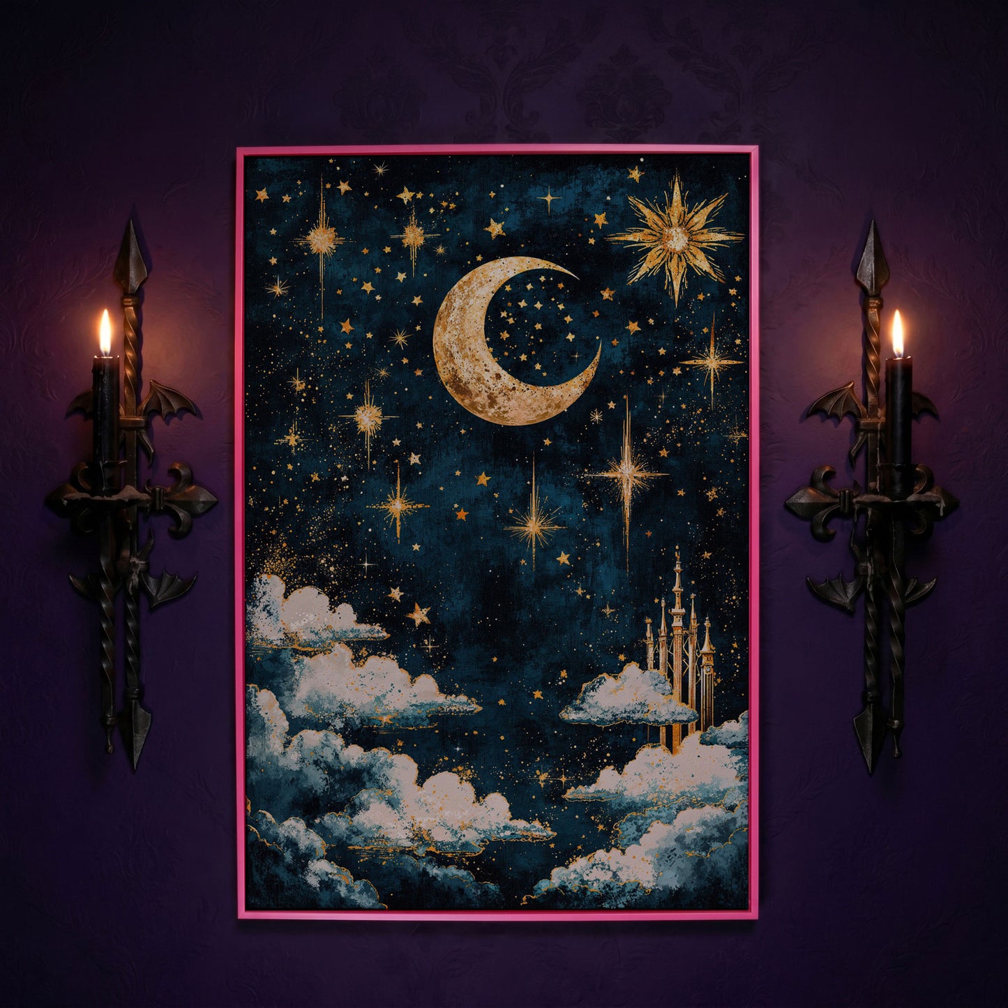 Celestial Dreams Starry Night Canvas Print in pink floating frame