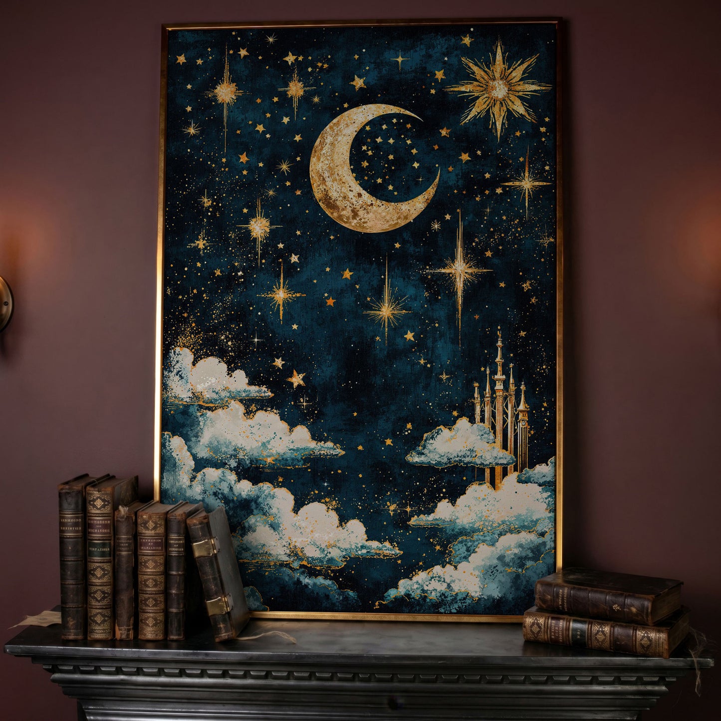 Celestial Dreams Starry Night Canvas Print in rose gold floating frame