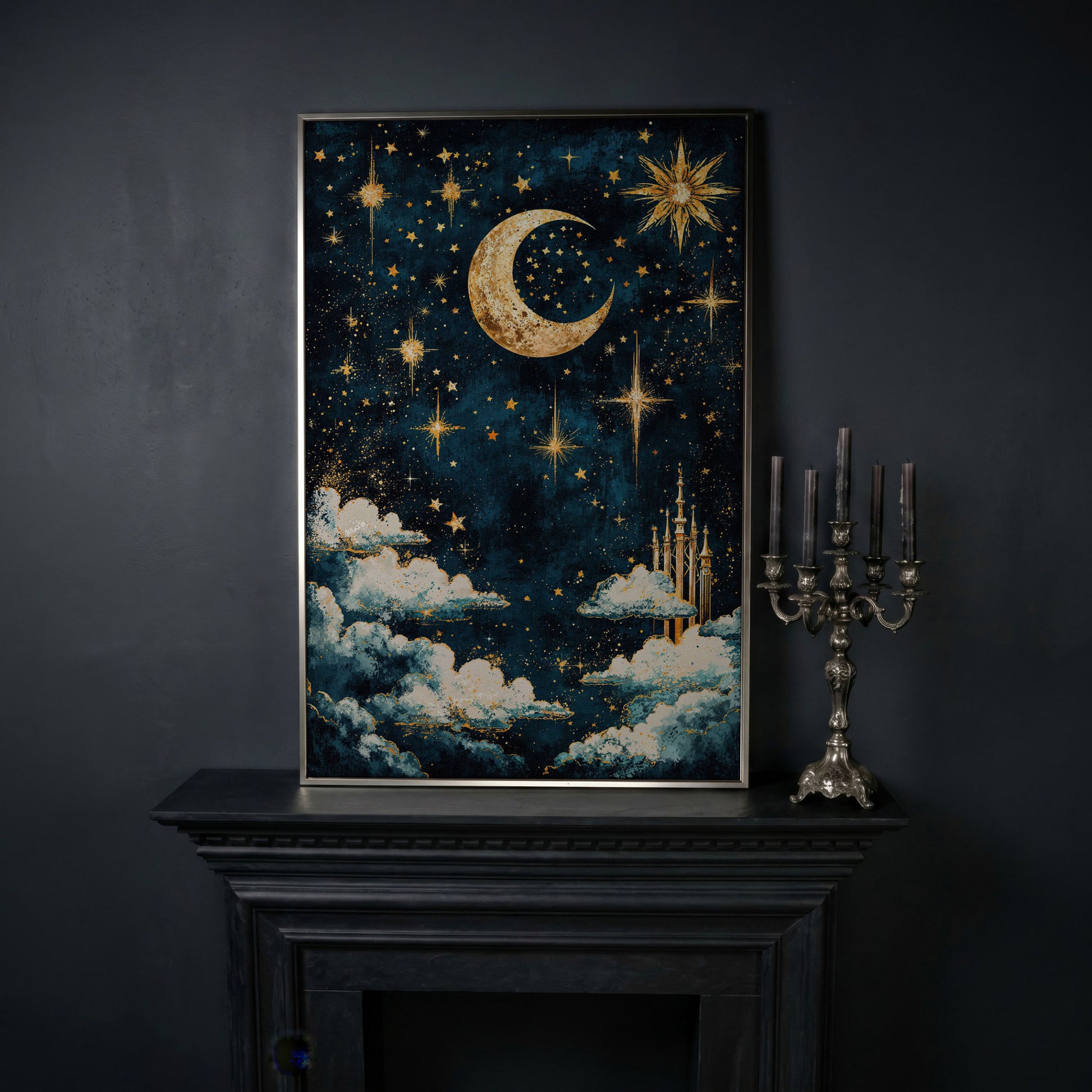 Celestial Dreams Starry Night Canvas Print in silver floating frame