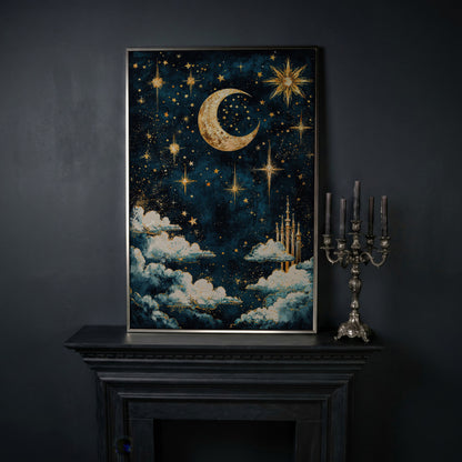 Celestial Dreams Starry Night Canvas Print in silver floating frame