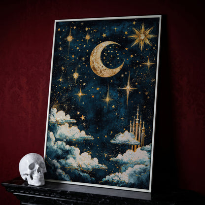 Celestial Dreams Starry Night Canvas Print in white floating frame