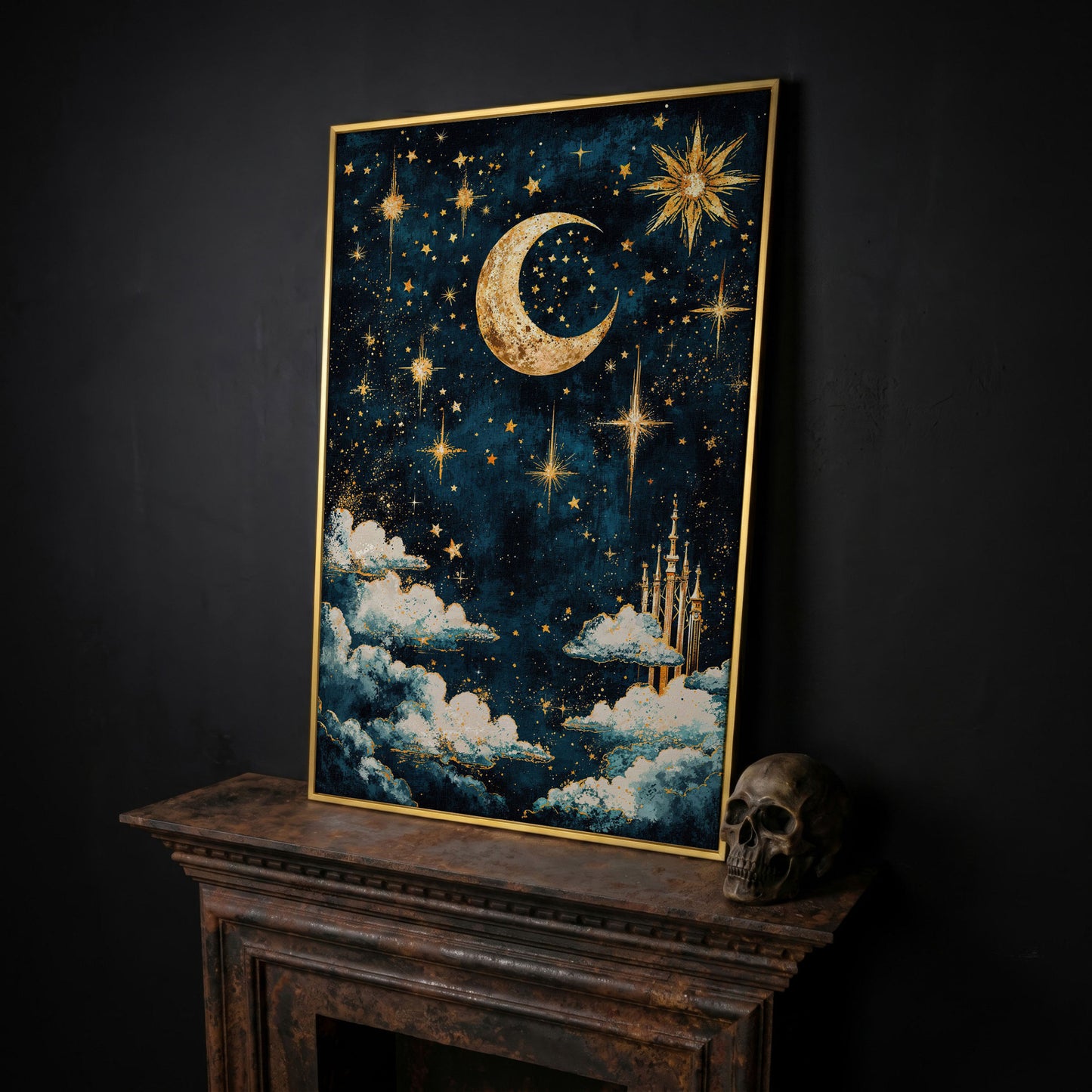 Celestial Dreams Starry Night Canvas Print in yellow gold floating frame