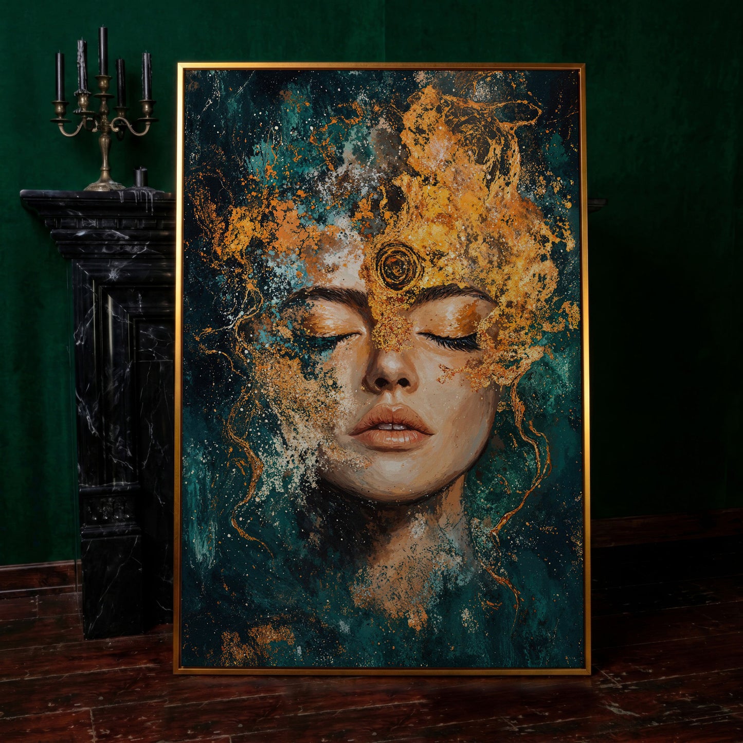 Mystical Abstract Woman Canvas Print in Gold and Teal in antique gold floating frame