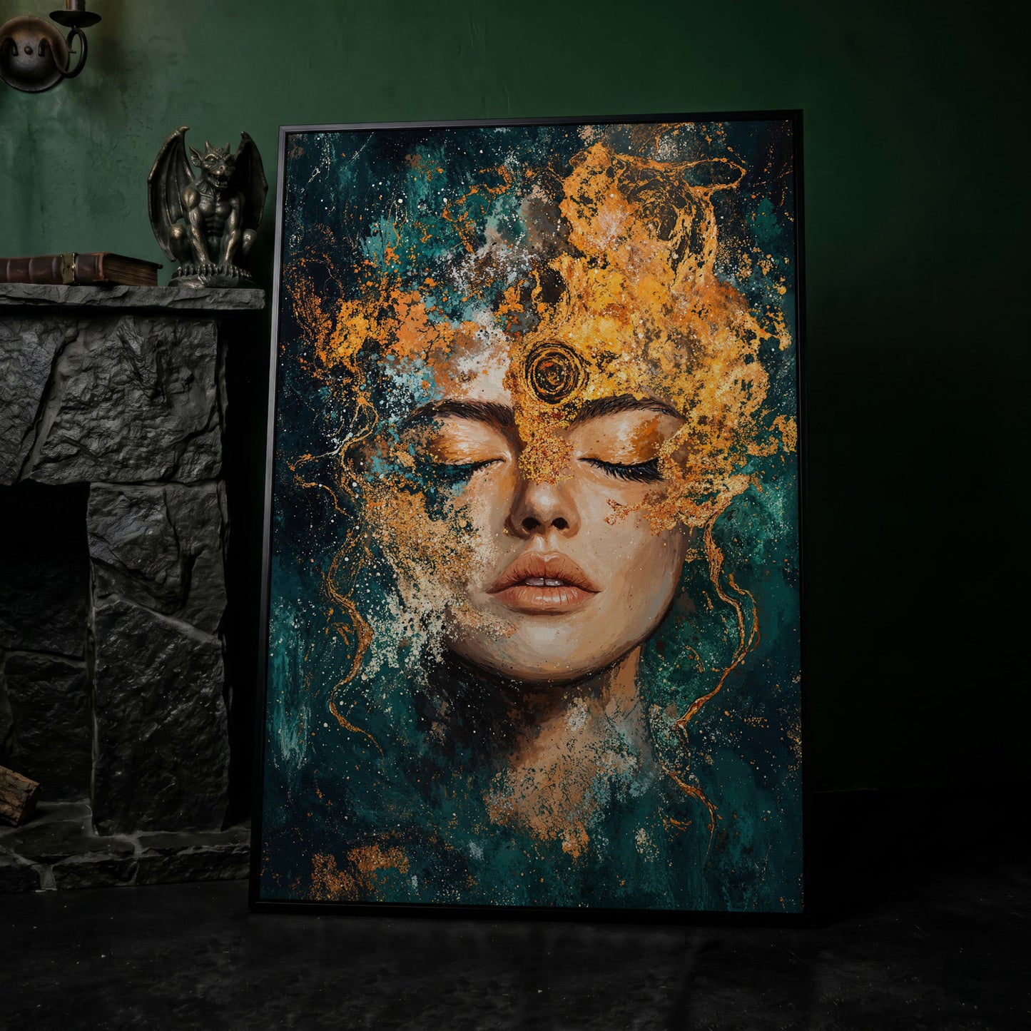 Mystical Abstract Woman Canvas Print in Gold and Teal in black floating frame