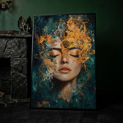 Mystical Abstract Woman Canvas Print in Gold and Teal in black floating frame